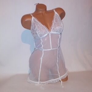 Victoria Secret Lingerie Babydoll Chemise White Garter Straps Sheer Ruffle